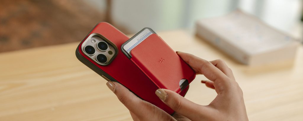 Leatherite MagSafe card wallet with slim design, dual-tone finish, and magnetic attachment for storing two cards securely.