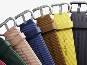 Close-up of Forest Ellipse Leather Apple Watch Bands with embossed DailyObjects branding