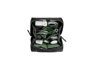 Aegis Tech Organiser pouch opened to show chargers, adapters, and charging cables stored in labelled pockets.