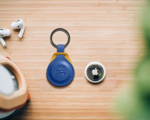 DailyObjects Yika AirTag Case in blue leather — keyring holder for Apple AirTag used for luggage tracking.