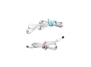 Loop Tie-Up silicone charging cable organiser neatly bundling earphones and USB cables to prevent tangling.