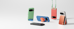 Front view of five Stack modular phone cases for Pixel 10 showing different colours and attachment points for accessories.