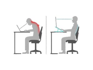 Foldable laptop stand supporting neck comfort in a home office workspace