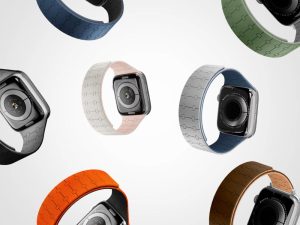 Neutral smartwatch strap coordinating with outfits across different seasons