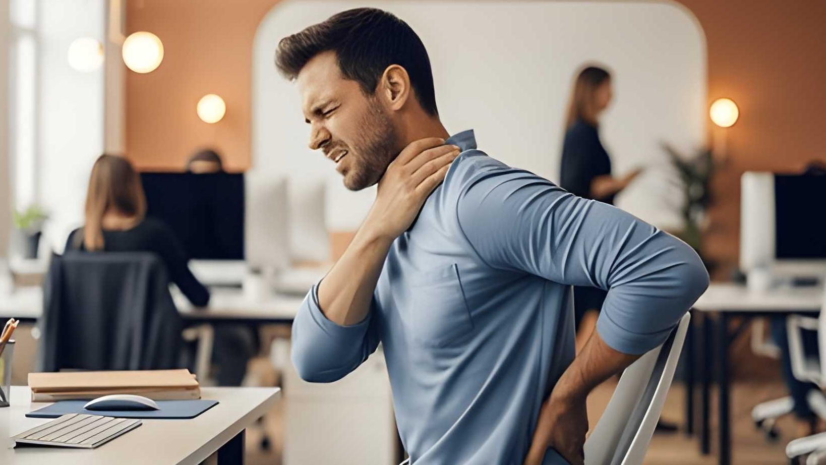 Incorrect laptop posture causing neck and shoulder pain during desk work