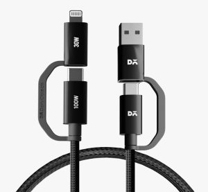 Close-up of a braided 4 in 1 100W charging cable showing reinforced connectors and durable construction