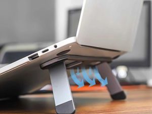 Side view of elevated laptop highlighting laptop stand airflow improvement