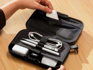 Crush-proof hardshell exterior of Park Tech Kit tech pouch