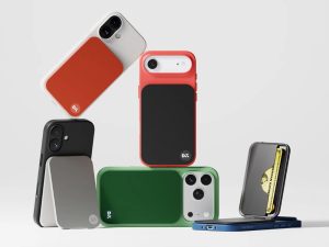 Slim phone wallet stand for airport and trips placed on café table during layover