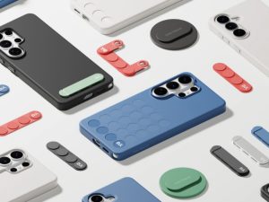 Stack Samsung accessories including flex stand, pop grip and lanyard attached to phone