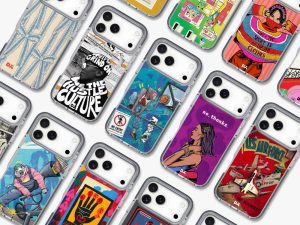 Bold phone case used as an accent with neutral outfit