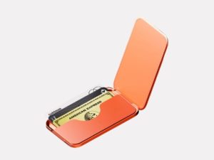 Travel friendly phone wallet stand with cards attached during airport security check