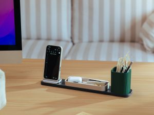 Modular Bar Desk Organiser stores phones, earbuds, stationery, and desk essentials in one place.