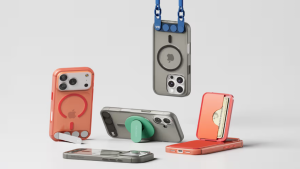 Stack Clear cases displayed with modular MagSafe accessories including a card wallet, pop grip, lanyard and flex stand