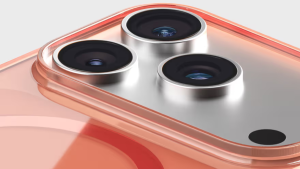 Close-up of the 1.2mm raised camera bezel on a Stack Clear case in Flamingo tint protecting the phone lenses